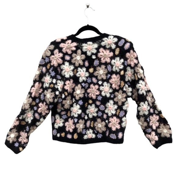 RARE‼️ Crochet Cardigan Mohair Black Floral Button Down , by Flame Size L - Picture 4 of 16